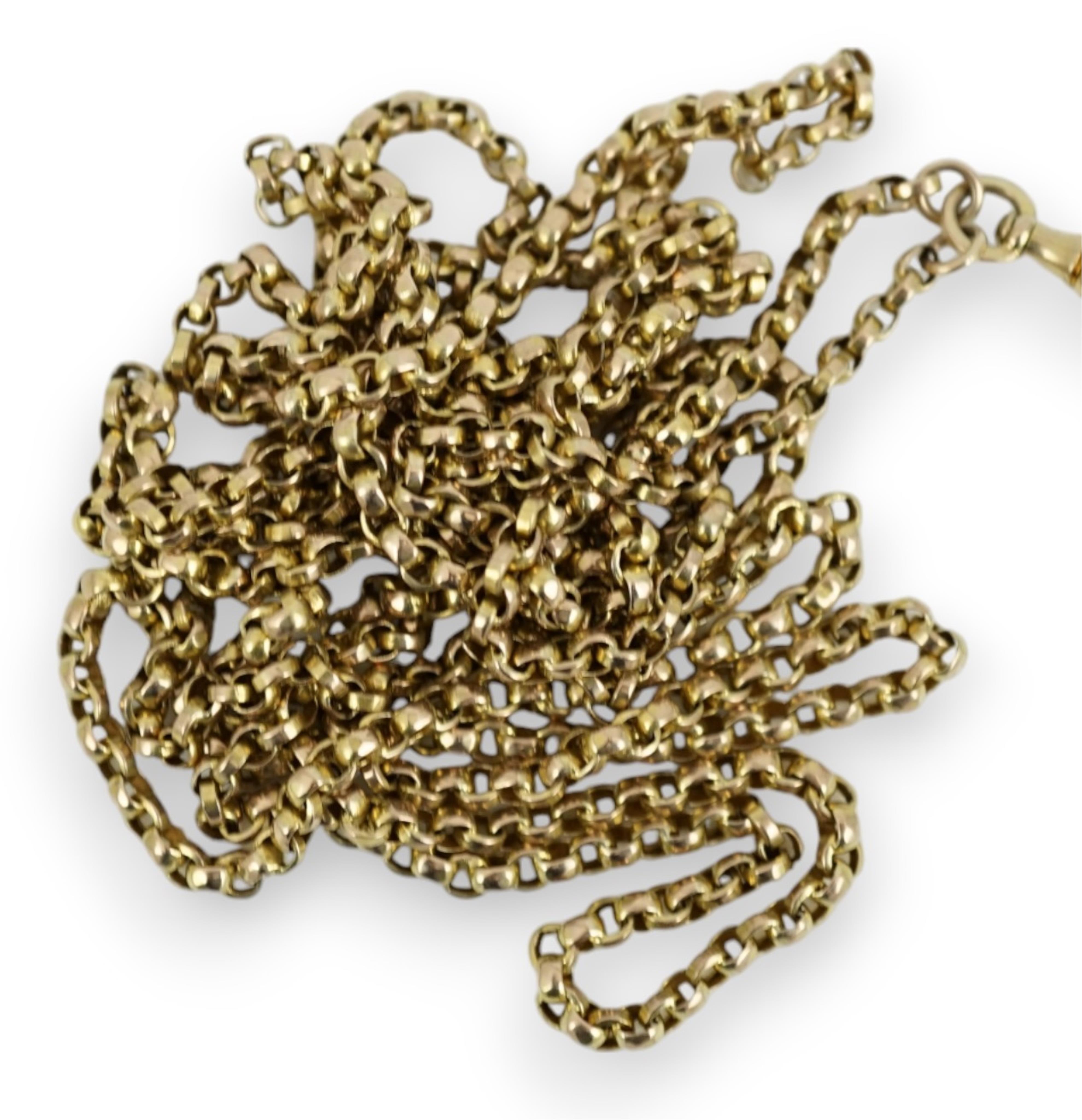 An early 20th century yellow metal guard chain, 169cm, 38 grams.